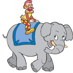 Tiny clown riding an elephant