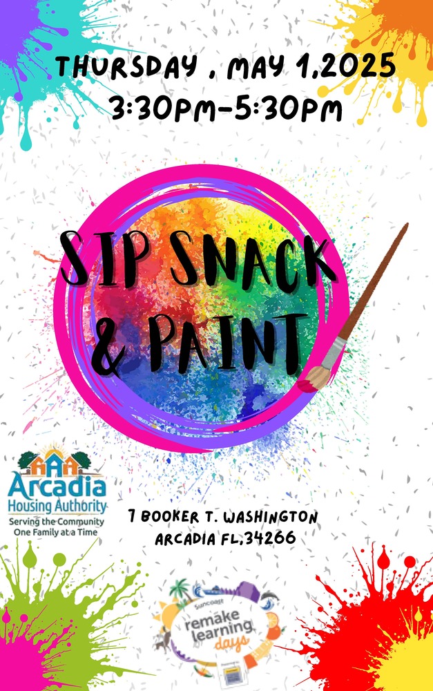Sip, Snack, and Paint Flyer, the information on this flyer is in the text above. 