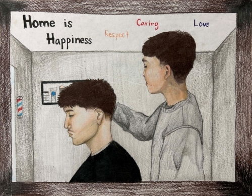 2026 What Home Means to Me Calendar Cover. Home is happiness, respect, caring, and love. Two males in a barber shop.