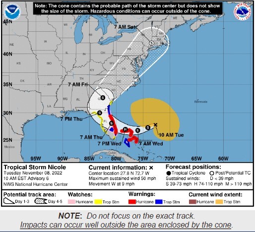 The map of Tropical Storm Nicole and how it will hit Florida on early Thursday morning. 