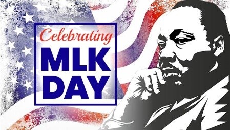 Celebrating MLK Day. A Profile of Martin Luther King Jr. in front of an American flag.