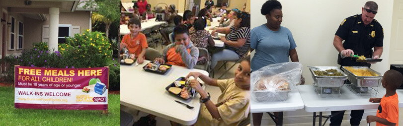 Featured on this photo collage from left to right: 1) A sign on the yard for 'Free Meals Here For All Children! Walk-ins Welcome'. 2) Children eating their meals together. 3) Marshall Matt Anderson serving lunch to one of the children.
